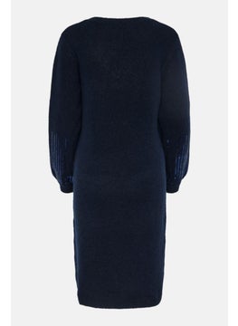 اشتري Women V Neck Long Sleeve Knitted Sweater Dress, Navy في الامارات