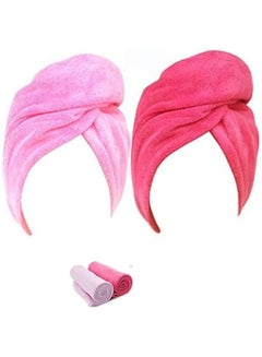 Buy Absorbent Microfiber Hair Towel 2 Pack Quick Dry Hair Turban Wraps Twist Hair Drying Towel With Elastic Loop, Pink in UAE