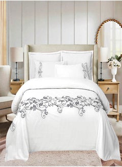 Buy 7-Pieces Cotton Comforter set King size white with embroidery silver color in Saudi Arabia