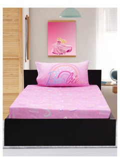 اشتري 2-Piece Kidz Klub Barbie Doll Pink Fitted Sheet Twin Fabric 144TC Poly Cotton Printed Comforter Set Includes 1xFitted Sheet 120x200+25 cm, 1xPillow Case 50x75 cm في الامارات