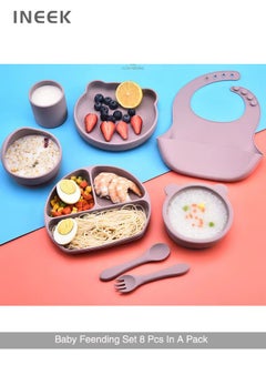 Buy 8pcs Silicone Baby Feeding Set, Baby Led Weaning Supplies with Suction Bowl Divided Plate, Toddler Self Feeding Dish Set with Spoons Forks And Cup Adjustable Bib, Eating Utensils for 6+ Months in UAE