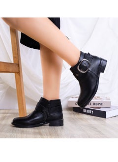 Buy Ankle Boot Leather Flat  With Buckle G-33 - Black in Egypt