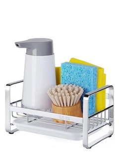 اشتري Kitchen Sink Sponge Holder, 304 Stainless Steel Kitchen Soap Dispenser Caddy Organizer, Countertop Soap Dish Rack Drainer with Removable Drain Tray, not Including Dispenser and Brush (Silver) في السعودية