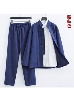 Buy Mens Cotton Linen Tang Suit Set Chinese Style Tea Attire navy blue two-piece jacket pants] in UAE