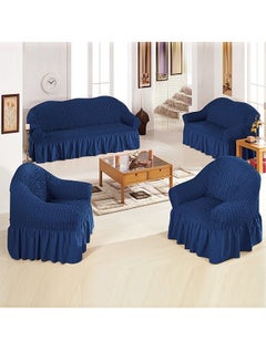 Buy 4-Piece Super Stretchable Anti-Wrinkle Slip Flexible Resistant Jacquard Sofa Cover Set Dark Blue in UAE