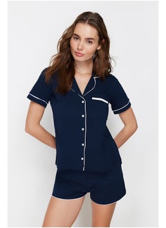 Buy Navy Blue 100% Cotton Piping Shirt-Shorts Knitted Pajama Set THMSS20PT0406 in Egypt