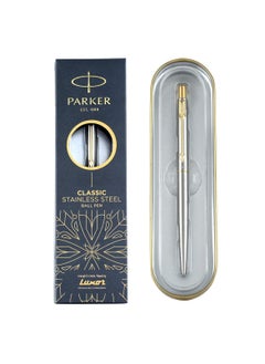 Buy Parker Classic Stainless Steel Gold Trim Ball Pen| Ink Color - Blue | Perfect For Corporate Use | Elite Pen For Professionals in UAE