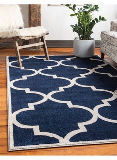 Buy Trellis Collection Modern Morroccan Inspired With Lattice Design Area Rug 3' 3" X 5' 3" Rectangle Navy Blue Beige in UAE