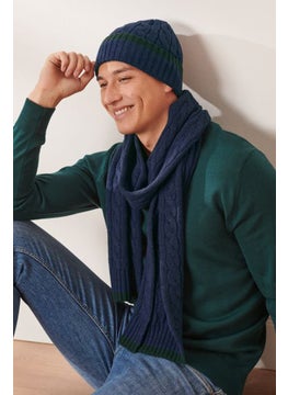 Buy Men 2 Piece Crochet Scarf And Bonnet, Navy/Green in UAE