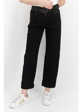 Buy Women Regular Fit Solid Non Stretchable Belted Denim Jeans, Black in UAE