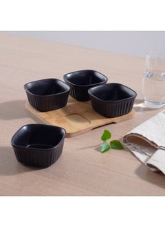 Buy Nera 4-Piece Ramekin With Bamboo Tray 180Ml - Black in UAE