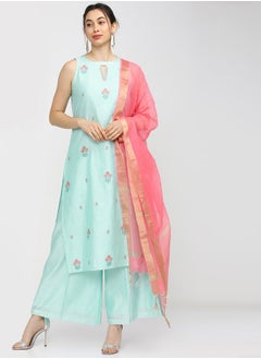 Buy Floral Embroidered Key Hole Neck Kurta and Palazzo with Tassel Trim Dupatta Set in Saudi Arabia