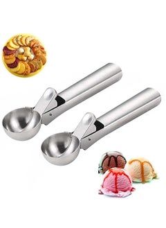 Buy Solid Stainless Steel Ice Cream Scoop, 2 Packs of steel Spoon with Easy Trigger, Dipper for Fruits, Water Melon Scoop in Saudi Arabia