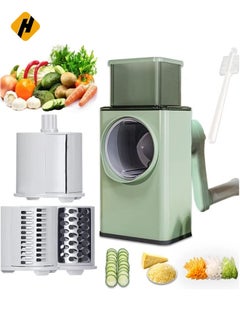 Buy Manual Rotary Cheese Grater Shredder with Wider Hopper 3 Interchangeable Blades Round Mandolin Drum Slicer Julienne Grinder for Cheese, Vegetables, Potatoes and Nuts, Cyan in UAE