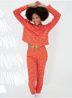 Buy Red 100% Cotton New Year Themed Tshirt-Jogger Knitted Pajama Set THMAW21PT0771 in Egypt