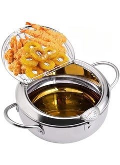 Buy Deep Fryer Pot 304 Stainless Steel Tempura Frying Pot With Thermometer And Oil Drip Drainer Rack Lid for Turkey Legs Chicken Wings French Fries in Saudi Arabia