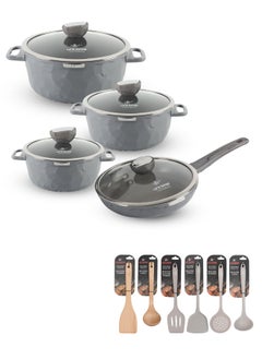 اشتري 14Pcs Granite Coated Healthy Cookware Set - Die Cast Aluminum Cooking Casserrole Set Inclued Sauce & Stock Pots, French Frying Pan - Nylon and Wooden Tools في الامارات