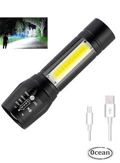 Buy LED Rechargeable, With COB Side Lights,USB Rechargeable Ultra Bright Flashlight, Scalable For Optimal Small LED Flashlight, Suitable For Camping, Outdoor, And Emergency Situations (Black) in Saudi Arabia