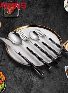 Buy 5-Piece Cutlery Set,Stainless Steel Silverware Set With Marble Textured Handle,Includes Knife Fork Spoon For Home Picnic in UAE