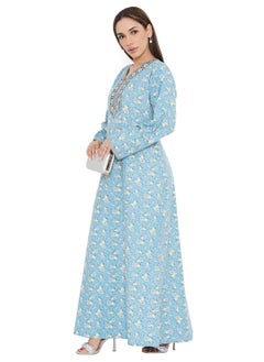 Buy UNIQUE NECK THREAD EMBROIDERED LONG FLORAL PRINTED VISCOSE ARABIC KAFTAN JALABIYA DRESS in Saudi Arabia