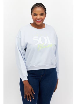 Buy Women Plus Size Crew Neck Printed Sweatshirt, Light Blue in Saudi Arabia