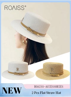 Buy 2 Pcs Classic Flat Top Straw Hat for Women Summer Beach Hat Vacation Sunshade Sunscreen Woven Hat Letter Decor Sun Hat Fashion Accessories in Saudi Arabia