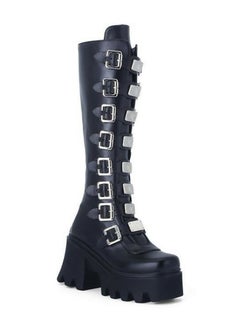 Buy Women's Punk Thick Soled Buckle Knee High Boots Round toe Platform Booties Black in Saudi Arabia