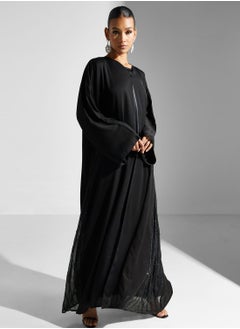 Buy Embellished V-Neck Black Abaya With Sheila in UAE