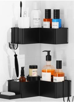 Buy Bathroom Organizer Corner- 2 Pack Rustproof Shower Caddy, Durable Shower Shelves with Large Capacity, Drill-Free Adhesive Shower Rack with 4 Movable Hooks, a Soap Holder, Black in UAE