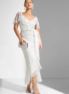Buy Embellished Surplice Neck Belted Dress in UAE