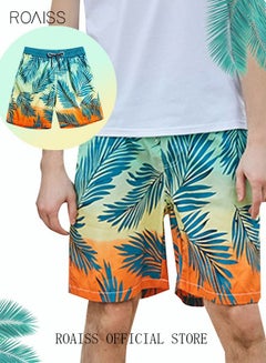 Buy Men's Beachwear with Lining Gradient Color Quick Dry Beach Pants Swimming Trunks Leaves Pattern Short Sports Running Boxer Swim Shorts Swimsuit Summer Green/Orange in UAE
