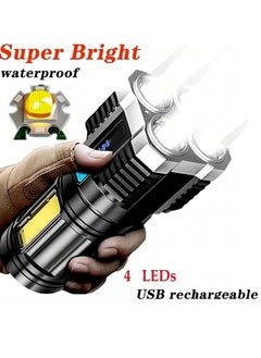 Buy 1 Piece LED Flashlight, Powerful 4 LED Flashlight With COB Side Light, 4 Modes USB Rechargeable LED Flashlight, Waterproof Built-in Battery Flashlight, Camping Tool in Saudi Arabia