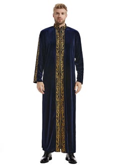 اشتري Men's Pleuche Embroidered Kaftan Islamic Arabic Kandora Robe Navy Blue/Gold في الامارات