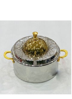 Buy Double walled stainless steel silver pattern cookware with golden domed lid. in Saudi Arabia