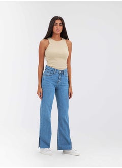 Buy High-Waist Light Blue Shade Split Hem Straight Leg Jeans. in Saudi Arabia