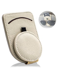 Buy Leather Sunglass Holder with Ticket Card Clip, Magnet Adsorbed Glasses Hanger for Car Visor, Beige in Saudi Arabia