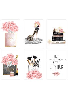 Buy 6PCS Unframed Fashion Women Canvas Wall Art Prints, Pink Flower Perfume Makeup Brush Fashion High Heels Handbags Wall Pictures Paintings, Living Room Office Decorations 8x12'' in Saudi Arabia