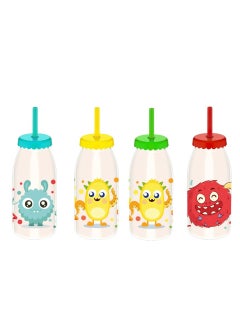 Buy Plastic Bottle with Straw and Drawings for Children, 4 Pcs Set  400 ML 6,5X6,5X19,5 CM in Saudi Arabia