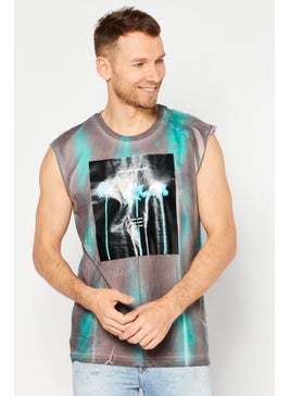 Buy Men Crew Neck Sleeveless Graphic Tank Top, Green/Grey in UAE