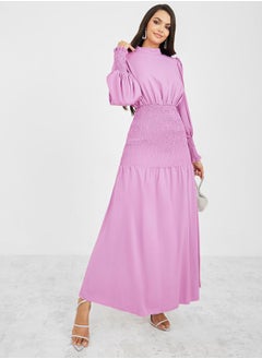 Buy Cuffed Sleeve Shirred Waist A-Line Maxi Dress in Saudi Arabia