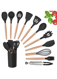 Buy VIO 12PCS Kitchen Utensil Set Silicone Cooking Utensils Kit Spatula Heat Resistant Wooden Spoons Gadgets Tool for Non-Stick Cookware Black in UAE