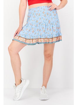 Buy Women Floral Print Pull-On Mini Skirt, Blue/Pink in UAE