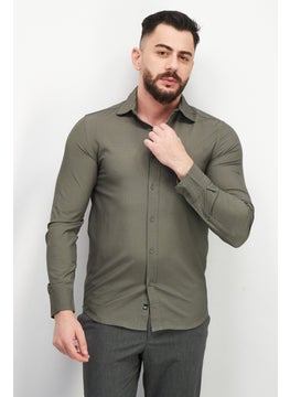 Buy Men Regular Fit Pointed Collar Long Sleeves Textured Casual Shirt, Olive in Saudi Arabia