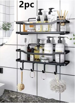 Buy 2-Piece Bathroom Rack Shower Shampoo Organizer Wall Mounted Storage Rack And Hooks Black in UAE