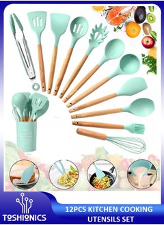 Buy 12 Pcs Silicone Cooking Kitchen Utensil Set Heat Resistant Non Toxic BPA Free Wooden Handles Gadgets Tools Set for Nonstick Cookware in UAE