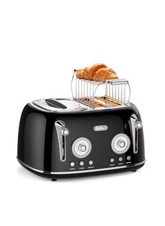 اشتري Feller Germany, Retro Style 4-Slice Toaster, 1630 W, Steel Body, 2 Dust Covers & 2 Bun Warmers, Defrost, Reheat, & Cancel Function, 4 Extra wide Bread Slots, Removable Crumb Tray, TO490 (Glossy Black) في الامارات