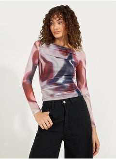 Buy Mesh Tie Dye Print Asymmetric Neck T-Shirt in Saudi Arabia