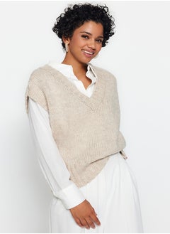 Buy Beige Crop Soft Textured Color Block Knitwear Sweater TWOAW23SV00149 in Egypt