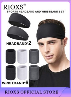 اشتري 8 Pcs Sports Headband Wristbands Set for Men Women Elastic Breathable Sweatband Exercise Non Slip Protective Headband Wrist Guard Comfortable Anti-Sweat Suit في السعودية