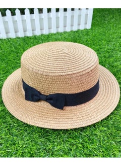 Buy Straw Sun Hat for Women, Girls Cute Summer Beach Cap Foldable Visor Floppy Wide Brim with Bowknot BEIGE in UAE